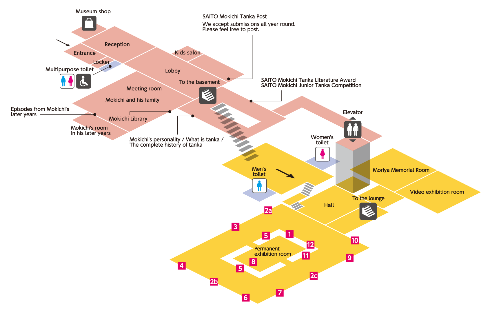 Floor map showing the first floor and basement level of the museum